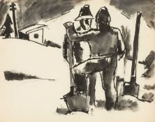 ‡ JOSEF HERMAN ink and wash - entitled verso, 'Men Chatting' on Martin Tinney Gallery label, dated