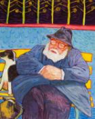 ‡ MEIRION GINSBERG oil on canvas - figure asleep on bench, in the company of two dogs, signed and
