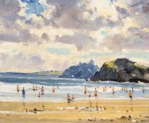 ‡ ED FORREST oil on board - entitled verso, 'Criccieth Castle from Black Rock Sands', signed, 25 x