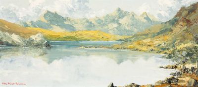 ‡ CHARLES WYATT WARREN oil on board - Llyn Mymbyr and Yr Wyddfa (Snowdon), signed, 24 x 54cms