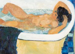 ‡ CLAUDIA WILLIAMS oil on panel - entitled verso 'After Bonnard, Enjoying the Bath' on Martin Tinney