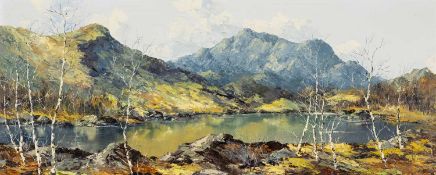 ‡ CHARLES WYATT WARREN oil on board - entitled verso 'Llyn y Gader, Near Snowdon', 36 x 89cms
