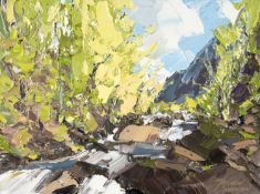‡ MATTHEW SNOWDEN acrylic on canvas - entitled verso 'Afon Glaslyn', signed, 29 x 39cms