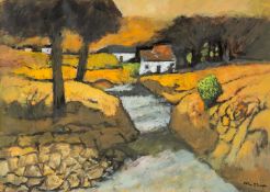 ‡ JOHN ELWYN acrylic on paper - entitled verso 'Off the Main Road', signed, 24.5 x 34.5cms