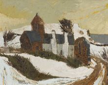‡ GWILYM PRICHARD oil on canvas - entitled verso, 'Snow, Penmon Priory', signed, 40 x 50cms
