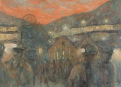 ‡ VALERIE GANZ oil on card - entitled verso 'Mining Valley - Evening' on Albany Gallery label,