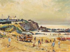 ‡ ED FORREST oil on board - entitled verso, 'The Ice Cream Van, Constantine Bay, Cornwall',