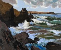 ‡ DONALD McINTYRE acrylic - entitled verso 'Rocky Coast Anglesey', signed, 50 x 60.5cms
