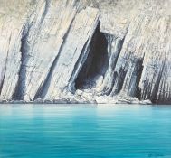 ‡ CERI AUCKLAND DAVIES egg tempera - coastal cliffs over turquoise sea, entitled verso 'Cave Strata,
