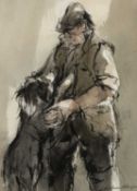 ‡ WILLIAM SELWYN mixed media - entitled verso 'Farmer and his Dog', on Albany Gallery label, signed,