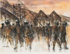 ‡ VALERIE GANZ mixed media - coal miners departing from colliery at end of shift, signed, 44 x 59cms