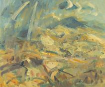 ‡ GARETH PARRY oil on canvas - entitled verso 'Summer Landscape with Shower / Tirlun Haf Hefo