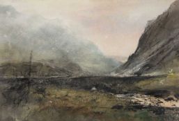 ‡ WILLIAM SELWYN mixed media - Eryri landscape near Llanberis with historic bridge, entitled verso
