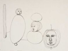 ‡ BRENDA CHAMBERLAIN ink on paper - surrealist ink drawing with stones and fruit, signed and dated