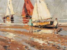 ‡ ED FORREST oil on board - entitled verso, 'Small Boats, Low Tide, Penmaenmawr', signed, 23 x 30cms