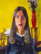 ‡ MEIRION GINSBERG oil on canvas - entitled verso, 'Girl with Interior' on Martin Tinney Gallery