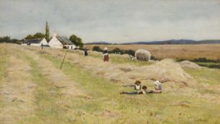 JOHN McDOUGAL watercolour - Ynys Môn (Anglesey) landscape with harvest and children resting, signed,