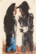 ‡ JOSEF HERMAN mixed media on paper - standing figures in conversation, 21 x 14cms Provenance: