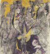 ‡ CERI RICHARDS CBE pen & ink, crayon gouache - entitled verso 'Lyre Birds, Purple and Yellow', on