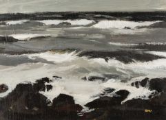 ‡ DONALD MCINTYRE acrylic - entitled verso, 'Grey Sea No. 7', signed with initials, 39 x 49cms