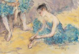 ‡ VALERIE GANZ mixed media on paper - sitting ballet dancer adjusting her ballet shoes, signed, 27 x