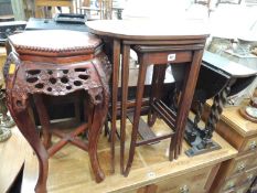 CHINESE PRUNUS CARVED JARDINIERE STAND with marble inset top, 63cms (h), nest of Edwardian