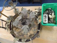 GILT COLOURED PRESSED METAL HANDING CHANDELIER, and other mixed metalware including brass peg lamp