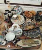 VARIOUS CERAMIC & WOODEN ORNAMENTS, including Staffordshire lurcher figure, model boats (2 trays)