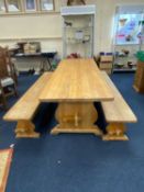 QUALITY SCANDINAVIAN ASH REFECTORY STYLE DINING TABLE, 216 x 79cms, and two benches Provenance: East