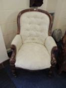VICTORIAN WALNUT FRAMED & UPHOLSTERED ARMCHAIR Provenance: private collection Wrexham