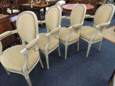 SET OF FOUR FRENCH STYLE PAINTED & UPHOLSTERED OPEN ARMCHAIRS Provenance: East Cheshire Country
