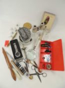 MIXED COLLECTABLES, including mother of pearl opera glasses, paper knives, china thimbles, etc.