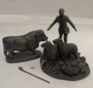 STYLISED BRONZE FIGURE OF A BULL, 23.5cms, and Heredities figure group of a shepherd (2) Provenance: