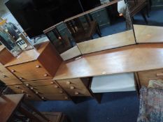 RETRO TEAK DRESSING TABLE & STOOL, matching chest of drawers, two similar bedside three-drawer