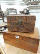 VICTORIAN WALNUT WRITING BOX, 35cms, and a small Oriental carved camphor wood box, 25cms (2)