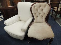 VICTORIAN WALNUT FRAMED LADIES' SPOON BACK SALON CHAIR, and a late Victorian upholstered tub