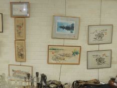 GROUP OF FRAMED PICTURES, including pair of Oriental silks