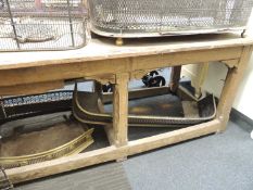18TH CENTURY PAINTED REFECTORY TABLE, with later pine boarded top, on chamfered joined stretcher