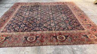 THREE OLD ORIENTAL CARPETS, in the order of the images 472cm x 472cm; 565cm x 358cm; 420cm x 370cm