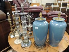 PAIR OF BLUE CRACKLE GLAZED PORCELAIN VASE TABLE LAMPS, 48cms (h) to the fitting, pair of glass