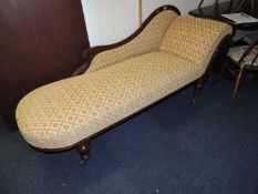 VICTORIAN MAHOGANY FRAMED & UPHOLSTERED CHAISE LONGUE, 180cms (l)