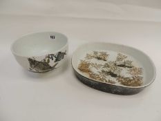 ROYAL COPENHAGEN CERAMIC FOOTED BOWL, irregular shape, decorated in the Chinese style with carp,