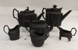 SMALL SELECTION OF BLACK BASALT TEA WARES, including teapot in silver shape with hinged cover, circa