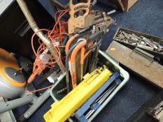 TWO METAL FILING CABINETS, and an assortment of tools including wood saws, electric hedge trimmer,