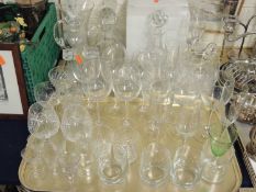 TWO TRAYS OF TABLE GLASSWARE, including decanters