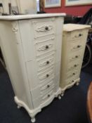 ITALIAN STYLE WHITE PAINTED & MOULDED PILLAR CHEST, 116 (h) x 61cms (w), and a similar cream painted