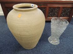 LARGE STONEWARE RIBBED OVOID VASE, 46cms (h), and a cut crystal glass vase (2) Provenance: private