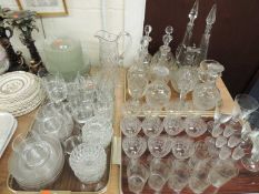 LARGE QUANTITY OF MIXED GLASS, including etched glass, wine glasses, decanters, claret jug, etc.