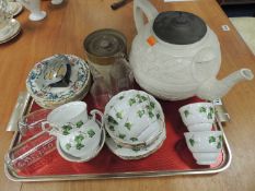 VICTORIAN SALT GLAZED LARGE TEAPOT, along with Colclough China teawares, pyrex bottles, vintage AA