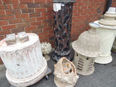 CARVED ALABASTER URN, 35cms (h), simulated marble painted column (concrete), 116cms (h), concrete